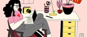 Illustration. Eine junge Frau sitzt im Homeoffice mit Laptop am Schreibtisch.