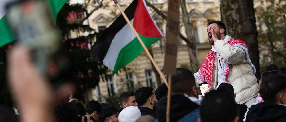 02.11.2024, Berlin: Zahlreiche Menschen nehmen an einer propalästinensischen Demonstration teil. Mehrere Hundert Menschen haben für Solidarität mit Palästina demonstriert. Sie forderten unter anderem ein Ende der Waffenlieferungen nach Israel und ein Ende des Kriegs im Gazastreifen. Foto: Christophe Gateau/dpa +++ dpa-Bildfunk +++
