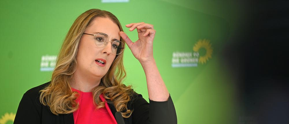 Katharina Dröge, Fraktionsvorsitzende von Bündnis 90/Die Grünen, gibt ein Pressestatement zu Beginn der Sitzung der Bundestagsfraktion.