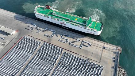 Elektroautos des Herstellers BYD stehen in einem chinesischen Hafen zur Verschiffung bereit.