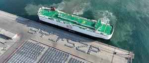 Elektroautos des Herstellers BYD stehen in einem chinesischen Hafen zur Verschiffung bereit.