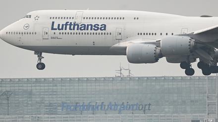 Eine Boeing 747-8 der Lufthansa landet auf dem Frankfurter Flughafen.