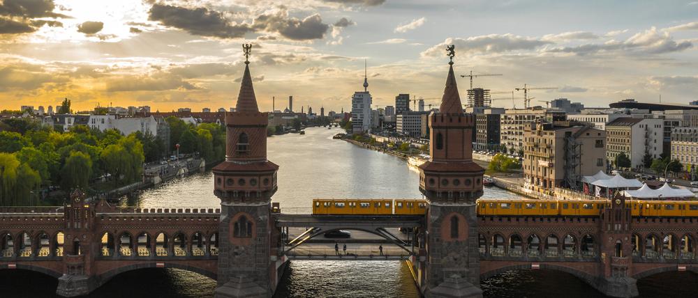 Oberbaum Bridge in Berlin before sunset. Aerial view
