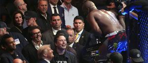 Der designierte US-Präsident Donald Trump (l) begrüßt Jon Jones nach dessen Sieg über Stipe Miocic bei UFC 309 im Madison Square Garden. An der Seite von Trump steht der Tech-Milliardär Elon Musk. 