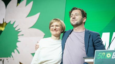 Die neu gewählte Parteispitze der Grünen-Partei:  Franziska Brantner und Felix Banaszak.