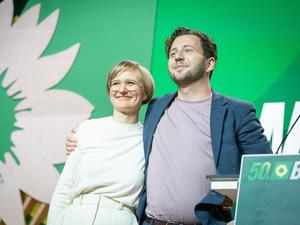 Die grünen Parteivorsitzenden Franziska Brantner und Felix Banaszak