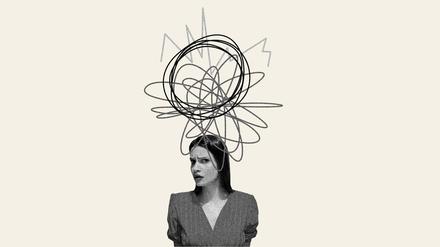 Eine Frau mit chaotischen Linien über ihrem Kopf. Das Stresshormon Cortisol ist zu einem Internet-Bösewicht geworden.