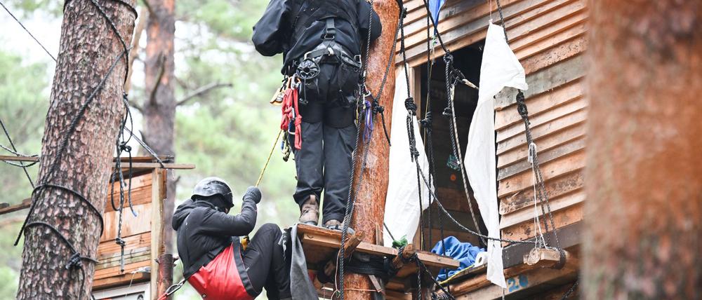 Höhenretter der Polizei sind bei der Räumung des Protestcamps der Tesla-Gegner an einem Baumhaus im Einsatz.
