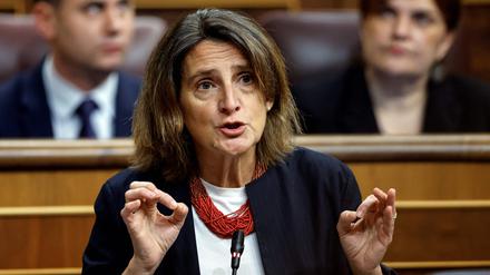 Die spanische Ministerin für den ökologischen Wandel, Teresa Ribera, die von Spanien als EU-Kommissarin vorgeschlagen wurde, erklärt im Parlament, wie die Regierung mit den Überschwemmungen umgeht.