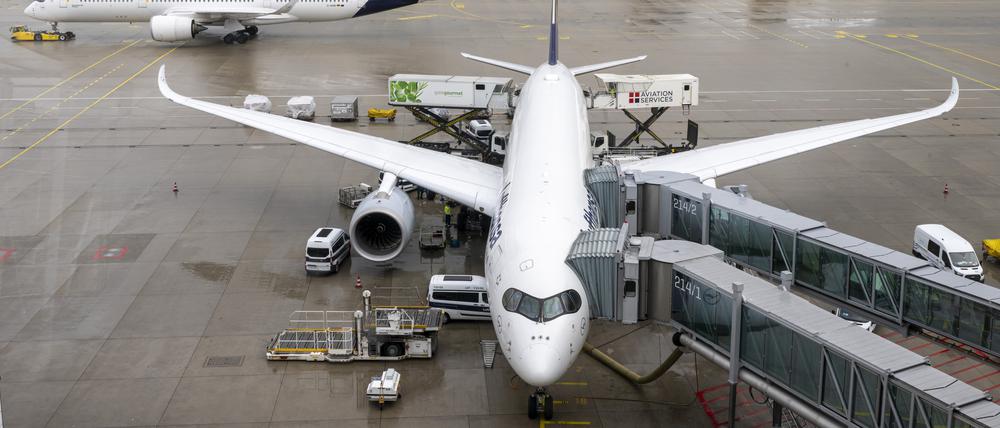 Flugzeuge stehen am Münchner Flughafen auf dem Vorfeld. 