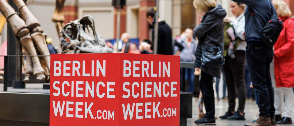 Besucher der Berlin Science Week 2022 stehen neben einem Logo-Würfel im Museum für Naturkunde. 