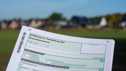 Ein Erklärung zur Feststellung des Grundsteuerwerts für das Jahr 2025 wird vor einer Wohnsiedlung hochgehalten. 