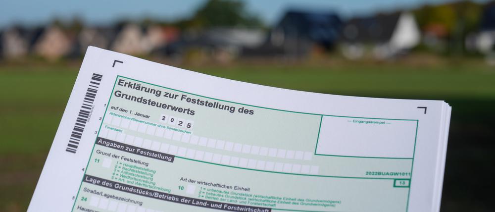 Ein Erklärung zur Feststellung des Grundsteuerwerts für das Jahr 2025 wird vor einer Wohnsiedlung hochgehalten. 