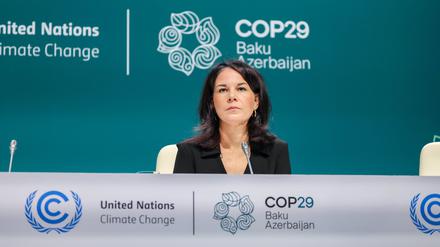 November 21, 2024, Baku, Azerbaijan, Azerbaijan: Germany Minister of Foreign Affairs, ANNALENA BAERBOCK, speaks to the press about the current negotiations in COP as she is lead negotiator for Germany in the COP29 process and expressed GermanyÃââ s and EUÃââ s intentions in fighting every inch for progress in this long and Ãâoerocky roadÃâÂ ahead of us in the coming days in reaching an agreement. Baku Azerbaijan - ZUMAo116 20241121_znp_o116_053 Copyright: xBiancaxOterox