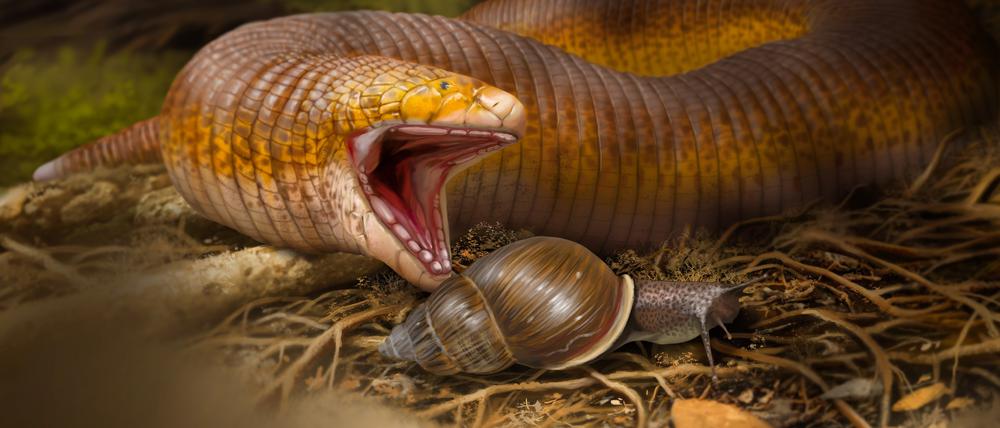 Eine grafische Darstellung der neuentdeckten Doppelschleichen-Art Terastiodontosaurus marcelosanchezi. Vermutlich ernährten sich die Tiere vor 50 Millionen Jahren vor allem von Schnecken.