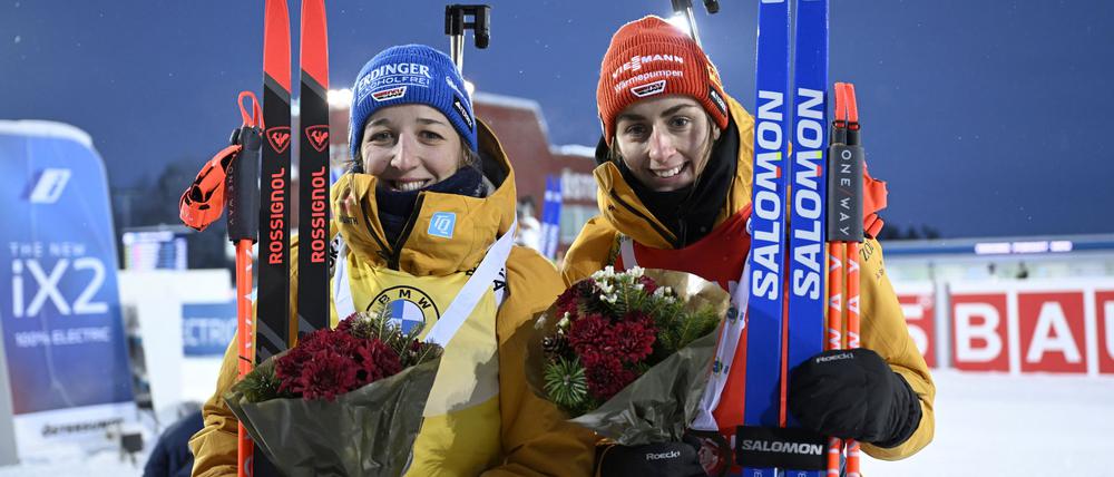 Vanessa Voigt (r) legte in der Vorbereitung auf die neue Biathlon-Saison eine mentale Pause ein.