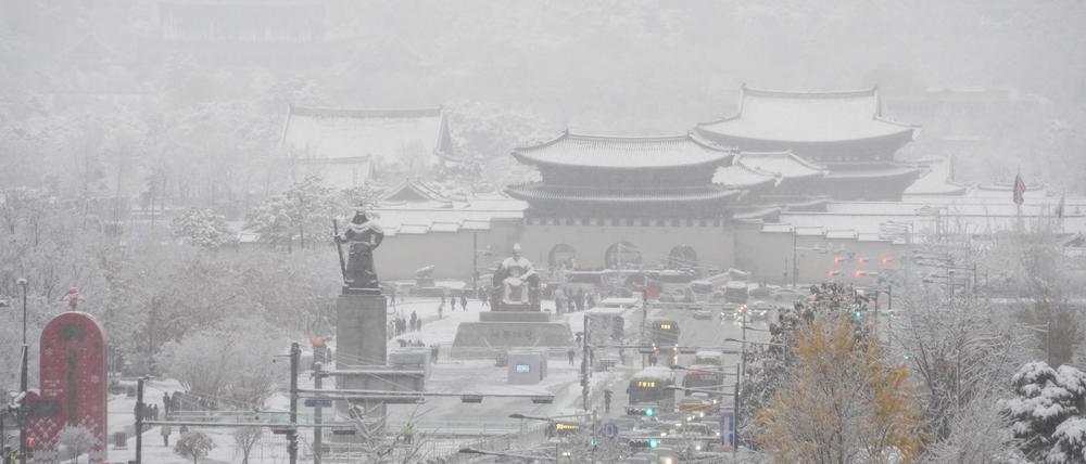 Der größte November-Schneefall seit Beginn der Wetteraufzeichnung vor mehr als 100 Jahren hat die südkoreanische Innenstadt in Weiß gehüllt.