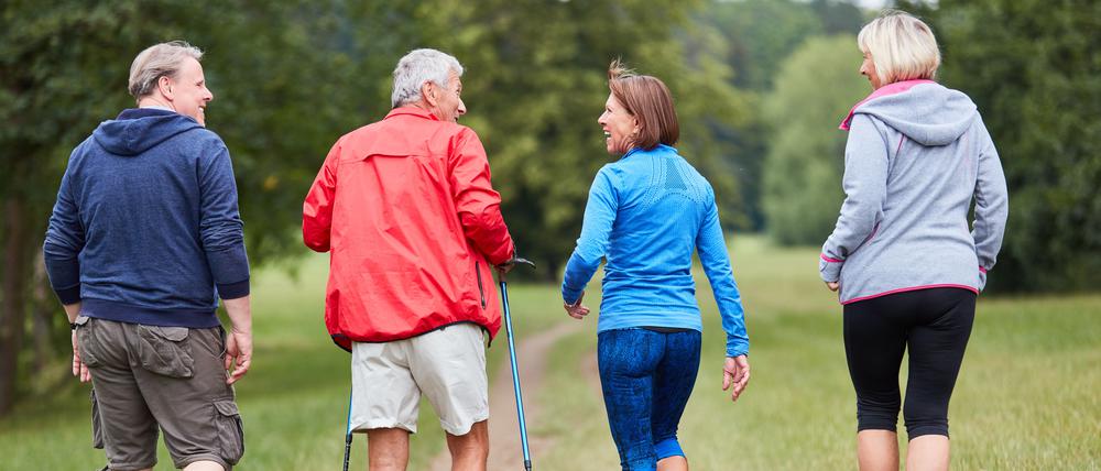 Gruppe aktive Senioren als Freunde machen Nordic Walking in der Natur.