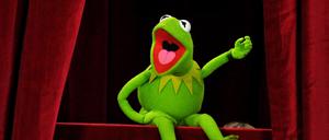 Kermit der Frosch sitzt bei der Premiere des Films „Die Muppets“
