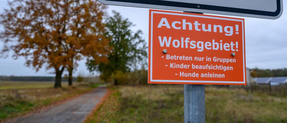 Achtung Wolfsgebiet: In einer Gemeinde im Kreis Märkisch-Oderland hängt ein solches Hinweisschild - das ist in Brandenburg aber die Ausnahme. (Archivfoto)