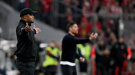 Schnelles Wiedersehen am Spielfeldrand: Bayern-Coach Vincent Kompany (M) und Leverkusens Meistertrainer Xabi Alonso (r).