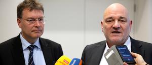 Der BSW-Abgeordnete Sven Hornauf (l.) und Fraktionschef Robert Crumbach. 