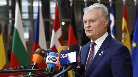 Litauens Präsident Gitanas Nauseda spricht mit Journalisten bei seiner Ankunft zu einem EU-Gipfel. 