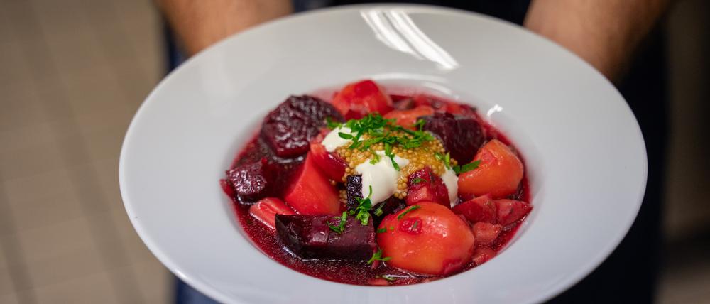 Beets Bourguignon mit Kartoffeln, Crème fraîche und Senfsaat in der BVG-Kantine in Lichtenberg.