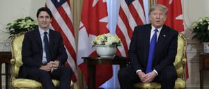 Justin Trudeau (l), Premierminister von Kanada, und Donald Trump, Präsident der USA, treffen sich am Rande des Nato-Gipfels im Winfield House.
