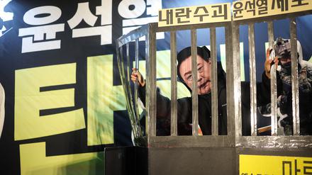 Ein Demonstrant trägt eine Yoon-Maske. 