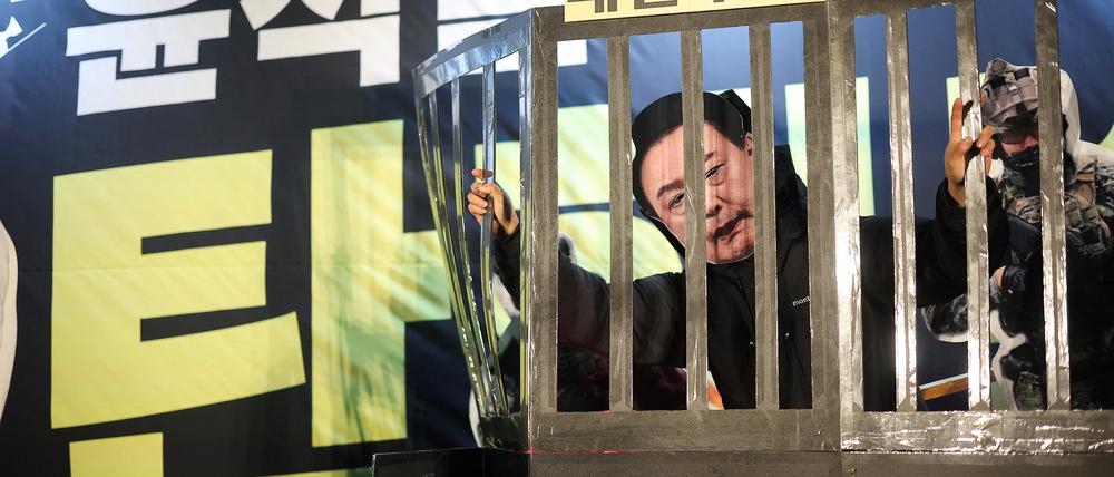 Ein Demonstrant trägt eine Yoon-Maske.