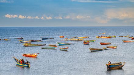 Colourful fishing boats in Kigoma, Lake Tanganyika, Tanzania, East Africa, Africa Copyright: MichaelxRunkel 1184-12188 Editorial Use Only