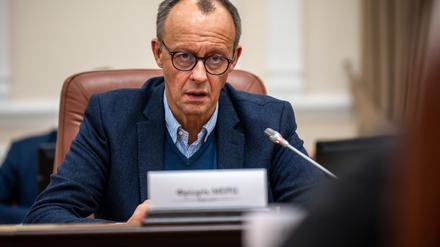 Friedrich Merz, Unions-Kanzlerkandidat und CDU-Bundesvorsitzender, spricht mit dem Ministerpräsidenten der Ukraine Schmyhal. Merz hält sich für einen Tag in der ukrainischen Hauptstadt auf.