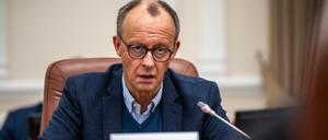 Friedrich Merz, Unions-Kanzlerkandidat und CDU-Bundesvorsitzender, spricht mit dem Ministerpräsidenten der Ukraine Schmyhal. Merz hält sich für einen Tag in der ukrainischen Hauptstadt auf. 