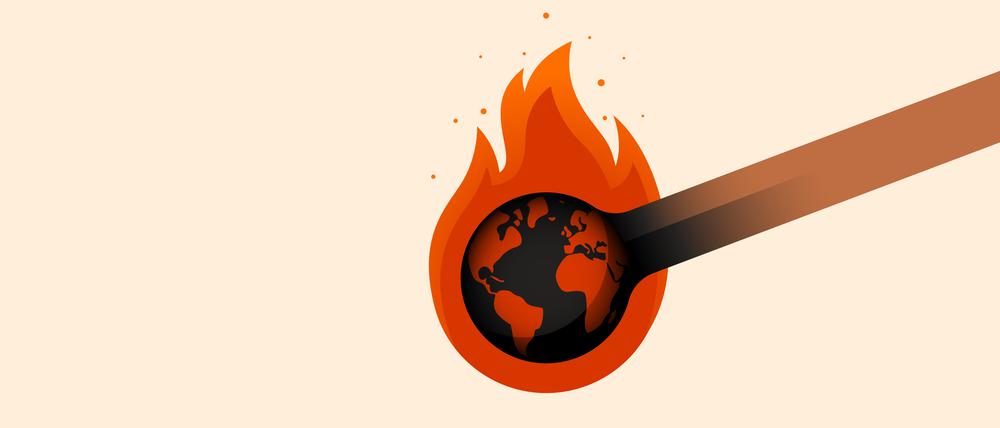Eine Erde als Streichholzkopf, der gerade Feuer fängt.