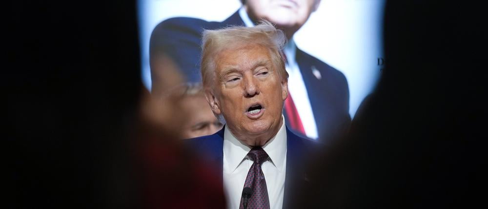 12.12.2024, USA, New York: Der designierte Präsident Donald Trump spricht während einer Veranstaltung des Time Magazine zur Person des Jahres an der New Yorker Börse.