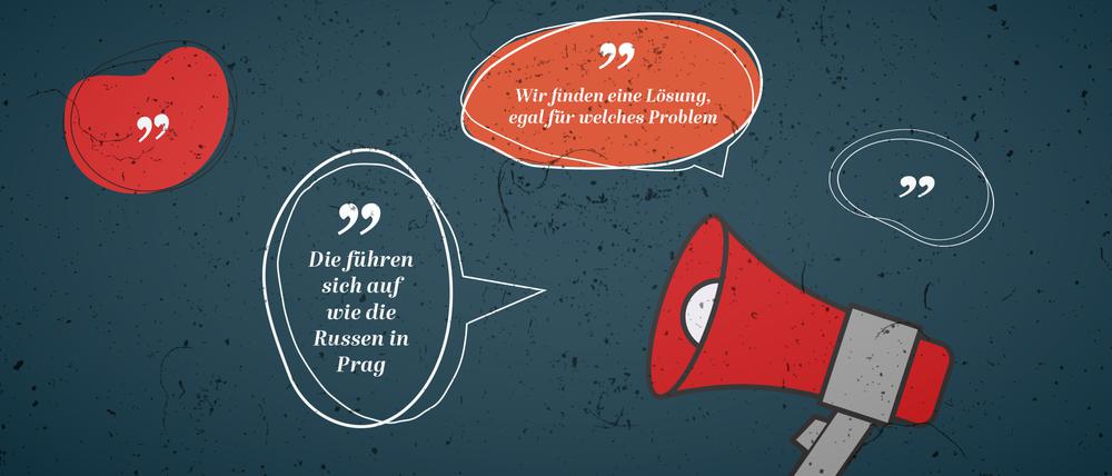Illustration mit Sprechblasen und Zitaten: „Wir finden eine Lösung, egal für welches Problem“ und „Die führen sich auf wie die Russen in Prag“, kombiniert mit einem stilisierten roten Megafon vor einem dunklen, texturierten Hintergrund.