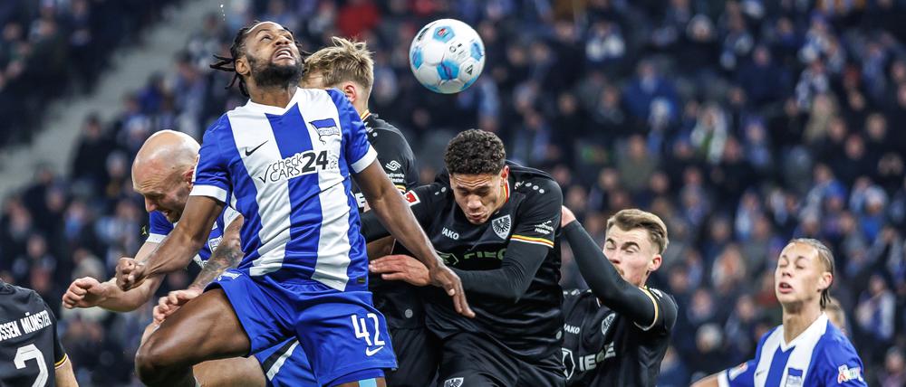 Augen zu und durch. Herthas Linksverteidiger Deyovaisio Zeefuik (vorne) behauptet sich gegen Münsters Defensive.