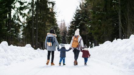 Eine Familie spaziert im Schnee.