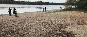 Herbst 2020, Glienicker See, Berlin-Kladow. Badestelle Moorloch. Unten rechts ist die alte Wasserlinie zu erkennen. Der Strand war früher nicht so breit.