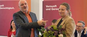BSW-Landesparteichef Robert Crumbach mit Friederike Benda, Spitzenkandidatin für die Bundestagswahl.