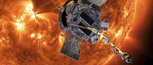 Die Computergrafik zeigt die „Parker Solar Probe“-Sonde der US-Raumfahrtbehörde Nasa auf dem Weg zur Sonne. Die Nasa-Sonde „Parker Solar Probe“ ist durch die äußere Atmosphäre der Sonne geflogen und hat damit nach Angaben der US-Raumfahrtbehörde als erstes Raumschiff diesen Stern berührt.