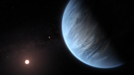 Exoplanet K2-18b (rechts) und sein Gaststern (künstlerische Darstellung): Zum ersten Mal haben Astronomen Wasser auf einem Planeten in der lebensfreundlichen Zone eines anderen Sterns nachgewiesen. 