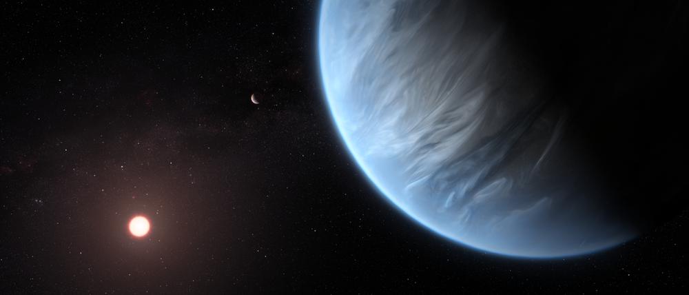 Exoplanet K2-18b (rechts) und sein Gaststern (künstlerische Darstellung): Zum ersten Mal haben Astronomen Wasser auf einem Planeten in der lebensfreundlichen Zone eines anderen Sterns nachgewiesen.