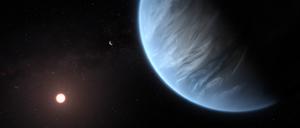 Exoplanet K2-18b (rechts) und sein Gaststern (künstlerische Darstellung): Zum ersten Mal haben Astronomen Wasser auf einem Planeten in der lebensfreundlichen Zone eines anderen Sterns nachgewiesen. 