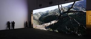 Es wird heiß: Ausstellungsansicht mit Filmleinwand und Liveschalte nach Almeria.