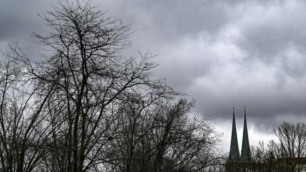 Die Türme von der Nikolaikirche und kahle Bäume bei trübem Wetter und Regenwolken.