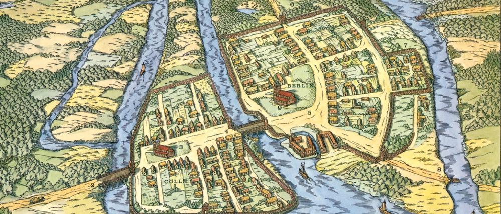 Eine Karte von Berlin und Cölln um 1250: nur wenige Gebäude und drei Arme der Spree.