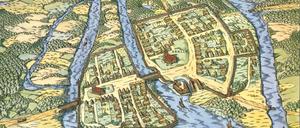 Eine Karte von Berlin und Cölln um 1250: nur wenige Gebäude und drei Arme der Spree.