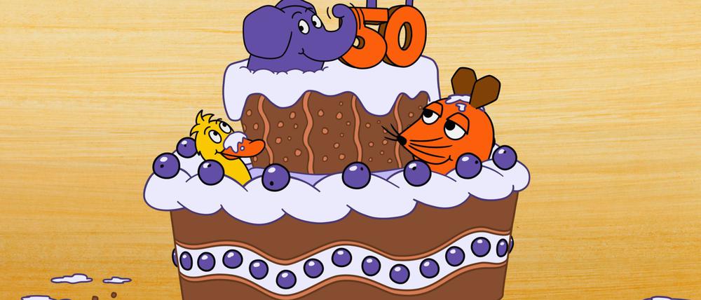 Der kleine Elefant, die Maus und die Ente sitzen auf einer Torte - am 5. Januar 2025 hat der Elefant seinen 50. Geburtstag. (Bild: WDR)